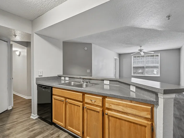 Kitchen with breakfast bar, double sink, dishwasher, and ample counter space in a 3-bedroom, 2-bath apartment at Gregory Cove in Jacksonville, FL.