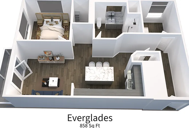 Explore the elegantly designed Everglades apartment, offering a blend of comfort and style over 858 sq ft. Explore the elegantly designed Everglades apartment, offering a blend of comfort and style over 858 sq ft.