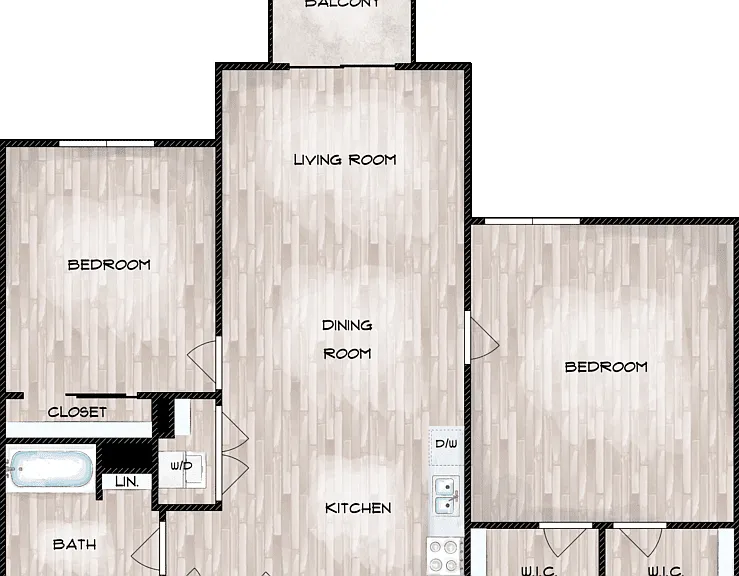 2 Bed 1 Bath C Floorplan Diagram