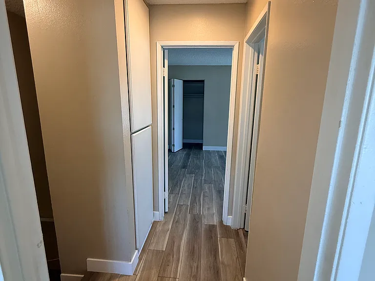 Upstairs hallway with additional storage. New vinyl plank flooring throughout entire upstairs
