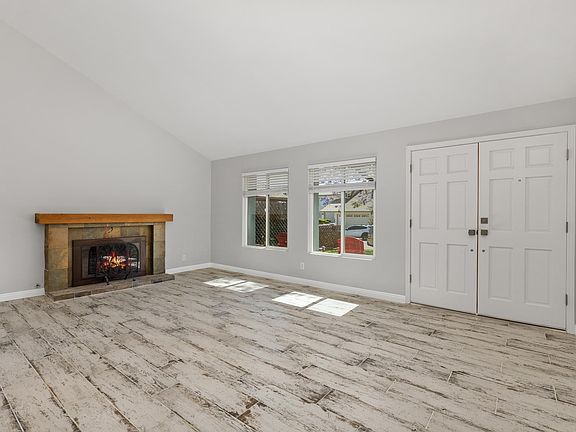 Front door and fireplace
