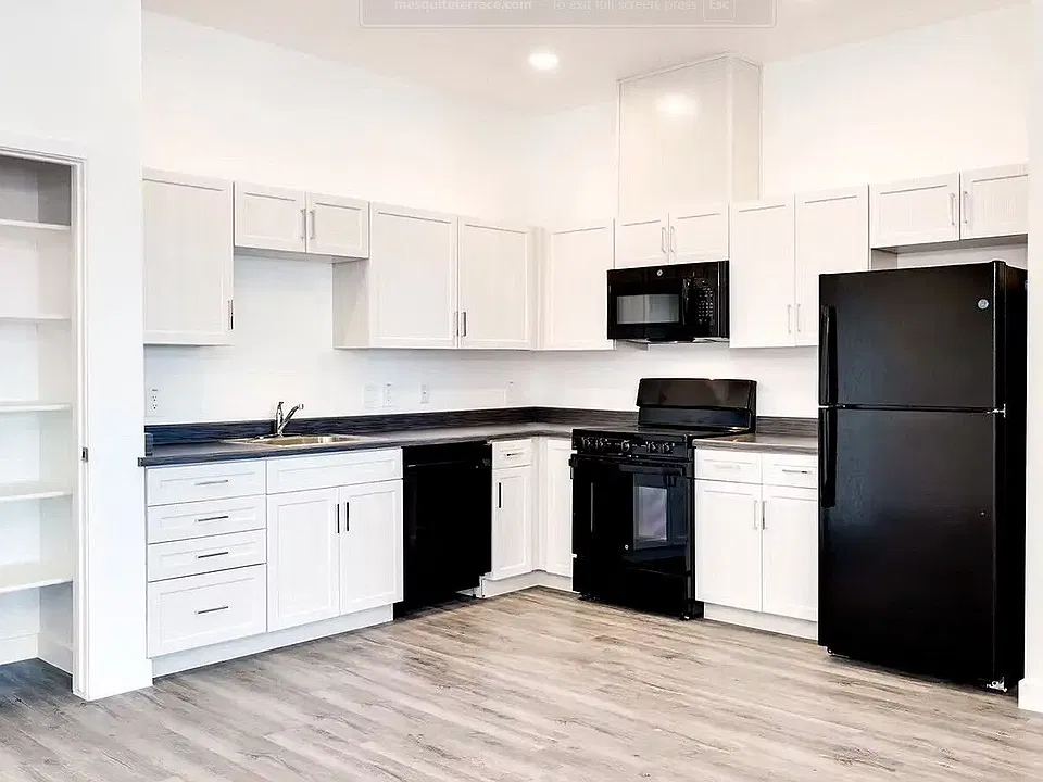 Kitchen with black appliances and white cabinets