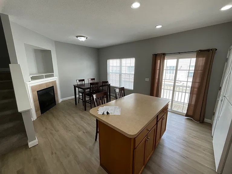 Kitchen and dining area with fireplace