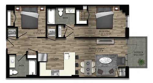 Floor plan 1 Bed/2 Bath Den-22W