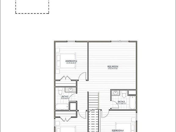 Second floor layout (reversed in photo.) Three bedrooms, 2 full bathrooms, large flex room.