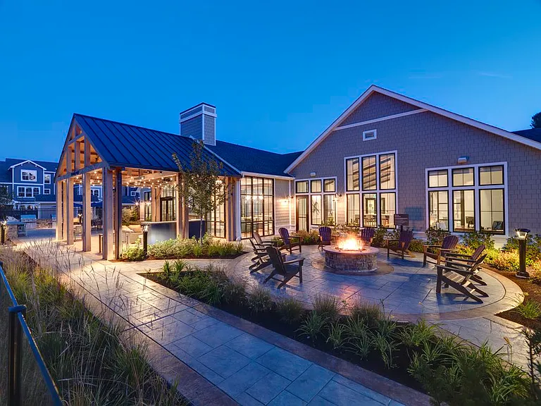 Clubhouse exterior with outdoor fireplace