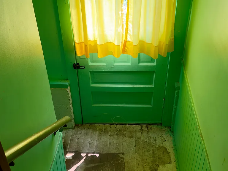 Stairwell to basement and view of rear entrance to house (off of the kitchen)