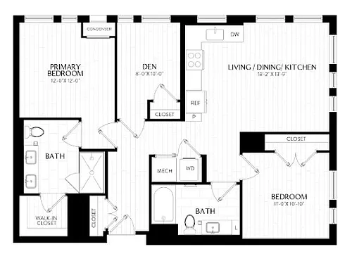 Floor plan 2 Bed/2 Bath Den-D1