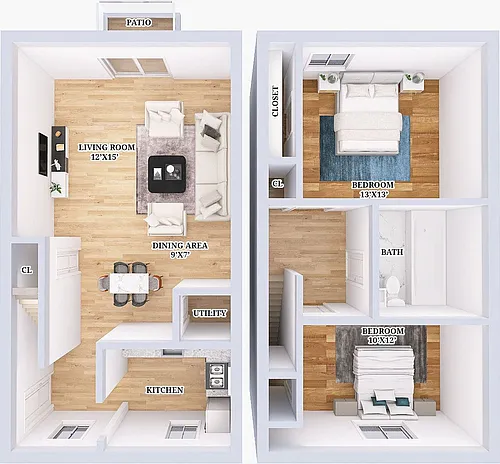 Floor plan Renovated 2 Bed, 1 Bath Townhouse