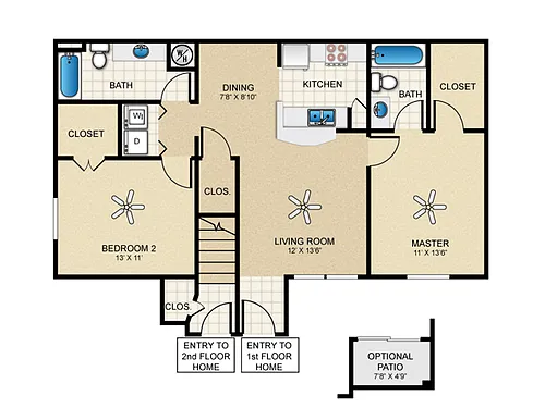Floor plan 2 Bed, 2 Bath B (80% Income Restricted)