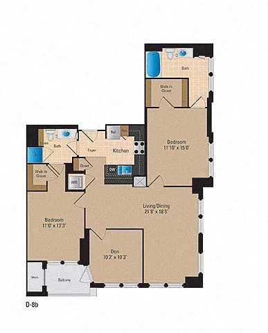 Floor plan 2 Bedroom + Den, 2 Bath 1270 SF BD2