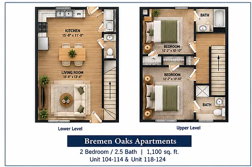 Floor plan 2 bedroom, 2 bathroom Townhome