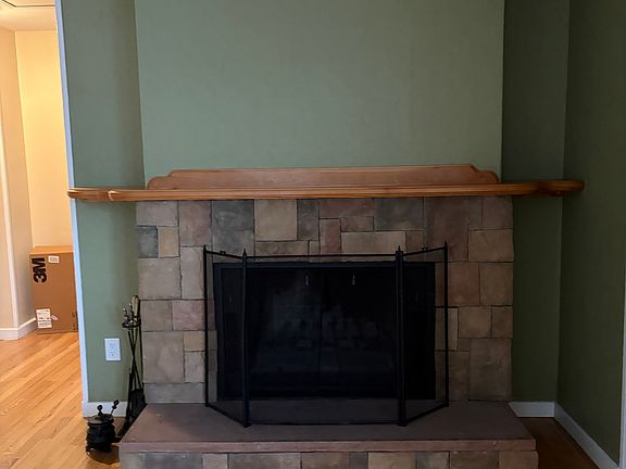 Wood burning fireplace in living room.