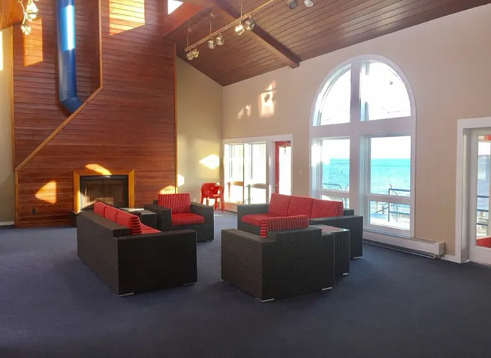 Clubhouse main area overlooking the pool and harbor.