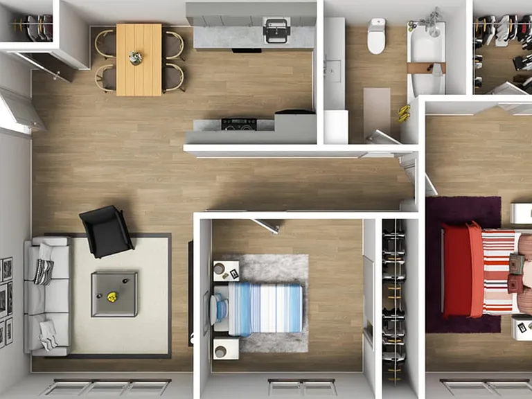 Modern 3D floor plan featuring two stylish bedrooms, elegant living area, and a well-equipped kitchen with dining space. Modern 3D floor plan featuring two stylish bedrooms, elegant living area, and a well-equipped kitchen with dining space.