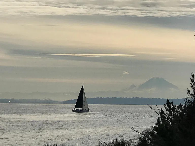 View of shipping lanes and Mt. Rainier from the beach.