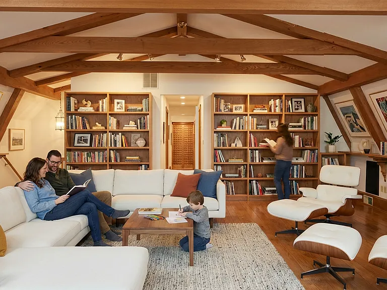 Second-floor family room with exposed wood beams, customized shelving, and two ceiling fans with integrated lighting, The large space is flexible enough to arrange the use as wish. The center opening leads to the master bedroom beyond.