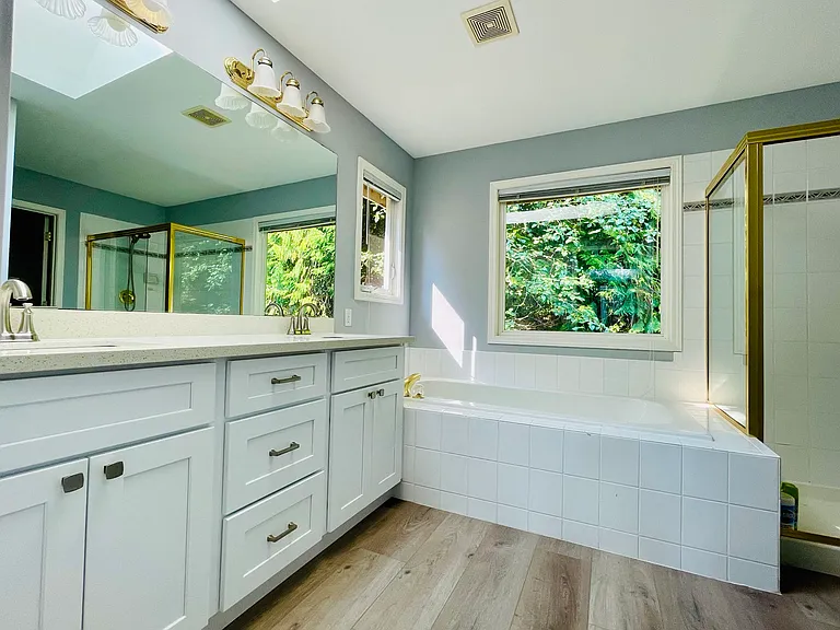Walking in bathtub, closet with skylight