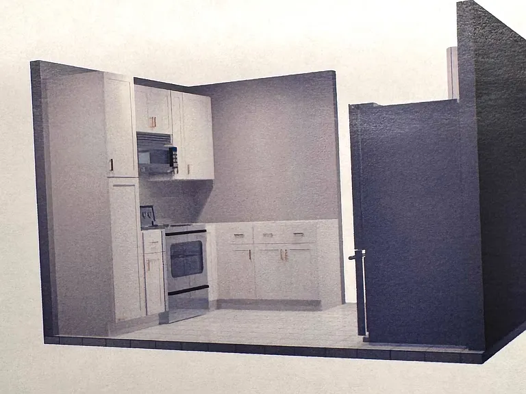 Rendering of new kitchen showing pantry, cabinets and Range