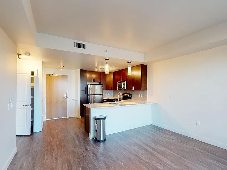 Apartment kitchen with stainless steel appliances, dining and living room with wood-style flooring.