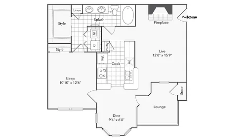 Floor plan 1 Bed 1 Bath Washer Dryer B