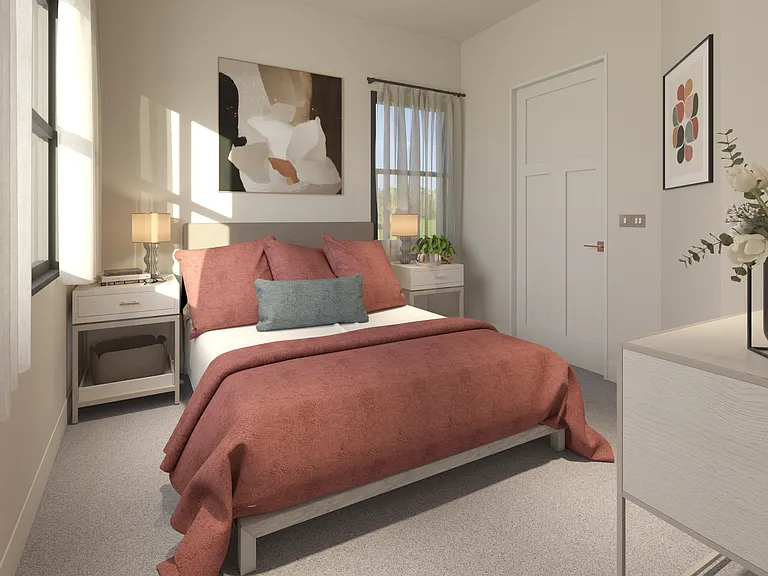 Greenwood Commons apartment bedroom showing a possible furniture set up.
