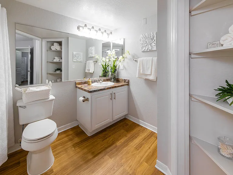 Our master bathrooms feature wood-style flooring, large mirrors, and a linen closet with built-in shelving.