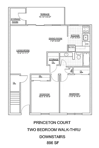 Floor plan Princeton Court- 2 Bed 1 Bath Downstairs Walk Thru