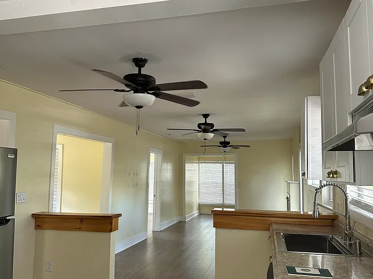 Looking from back door through the kitchen into the living room.