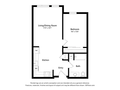 Floor plan 1 Bedroom, 1 Bathroom 40%