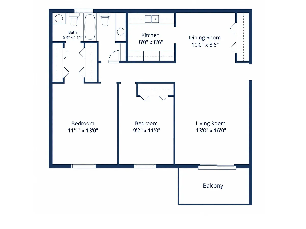 Floor plan 2 Bedroom, 1.5 Bath (884 sqft.)