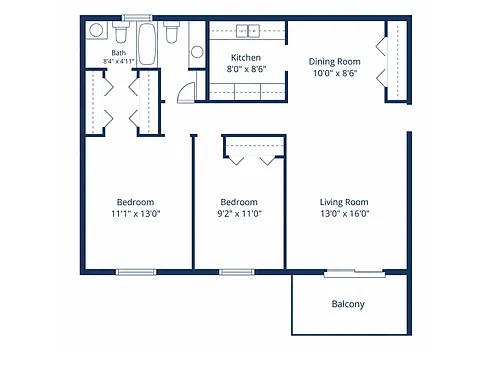 Floor plan 2 Bedroom, 1.5 Bath (884 sqft.)