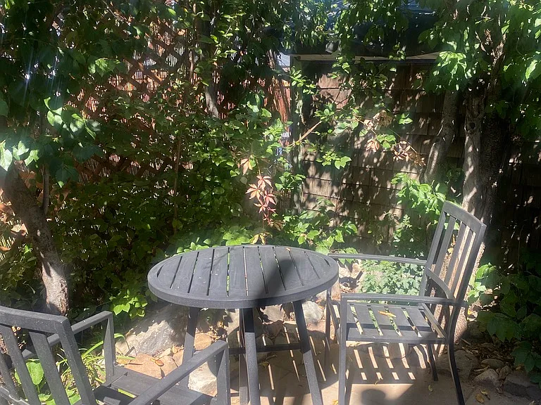 Backyard is fully fenced and is a secret garden vibe that our guests love in the warmer months!