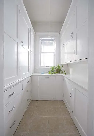The pantry has been updated with a refinished hardwood floor and new countertop.