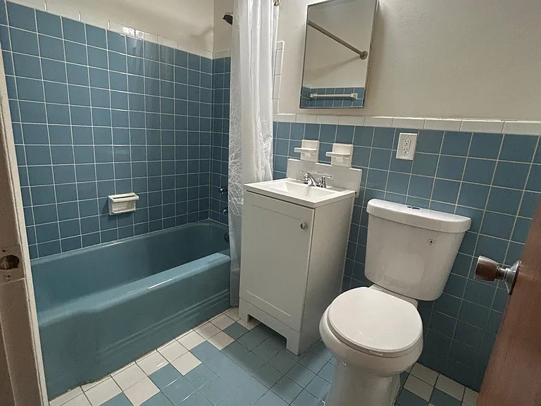 Hallway bathroom has a tub and shower head.