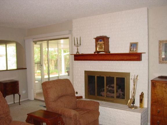 Den with gas log fireplace