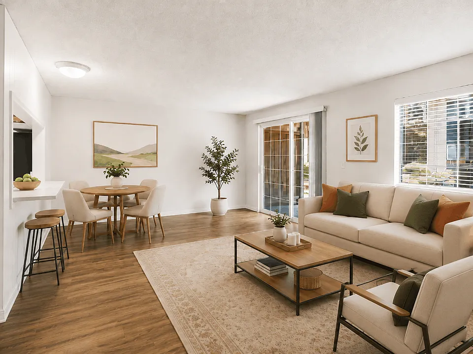 A bright, inviting living and dining space with modern styling and convenient patio access at Chambers Pointe Apartments.