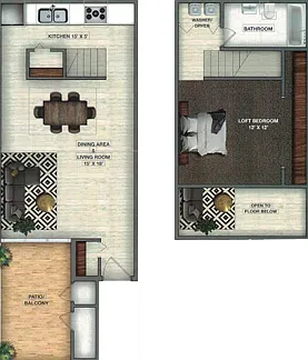 This one bedroom home features spacious living areas an open loft bedroom upstairs. This one bedroom home features spacious living areas an open loft bedroom upstairs.