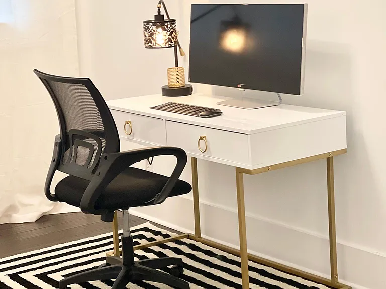 Office Area with monitor, mouse, keyboard, printer