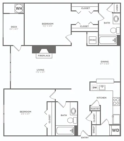 Floor plan Two Bedroom Two Bath (1167 SF)
