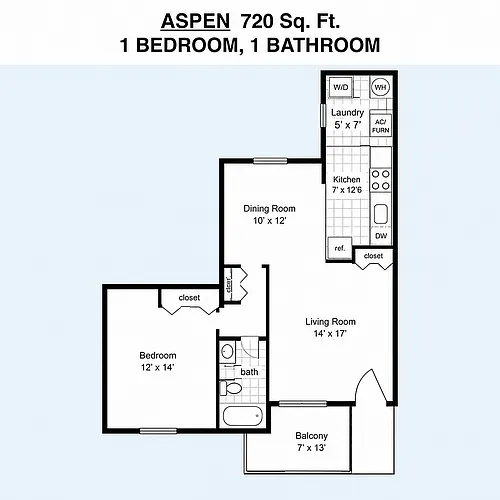 Floor plan Aspen 1BR/1BA