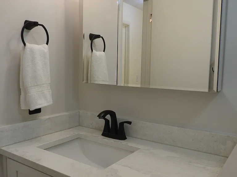Guest bath off the hall with marble counter and brand new tile shower.