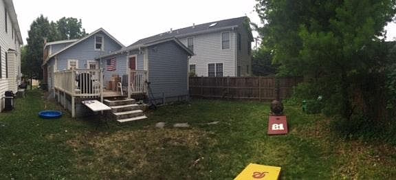 Backyard, large back patio comes furnished with mini fridge,