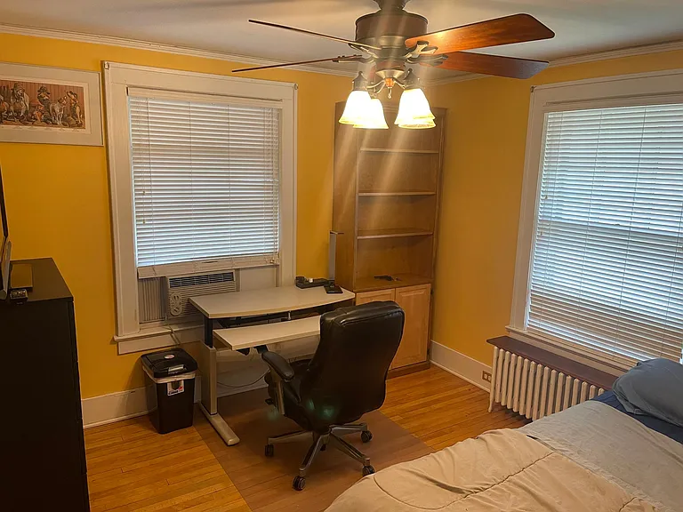 2nd Floor - North West Bedroom - Premium Leather Chair & Adjustable Desk; Personal AC unit, variable speed ceiling fan and electronically dimmable lighting