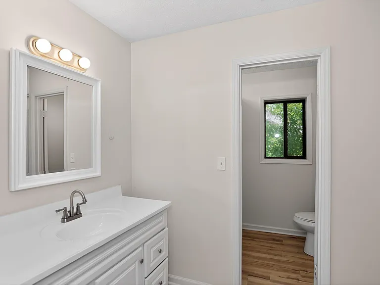 Bathroom vanity area with a wide countertop, framed mirror, and ample storage, with an adjacent private toilet room and windo