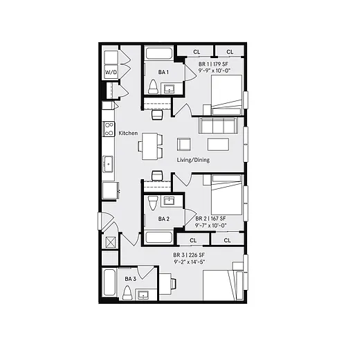Floor plan Private Bedroom in a 3x3B