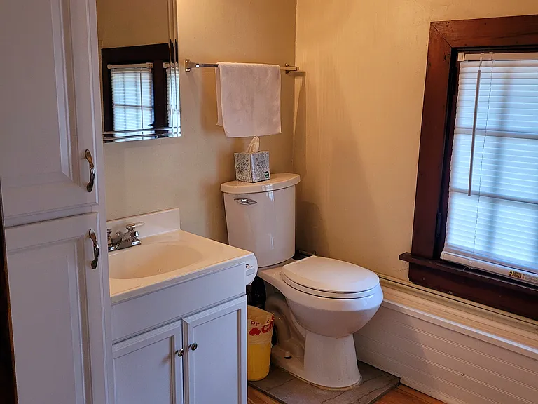 Third floor bathroom with vinyl plank flooring.