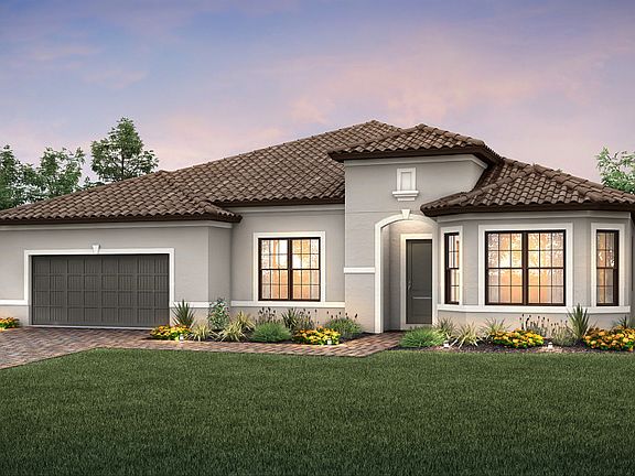 The Camelot, a one-story family home with a 3 car garage, shown with Home Exterior FM2A