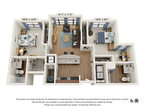 Floor plan 2 Bedroom - 2 Bath (2C)