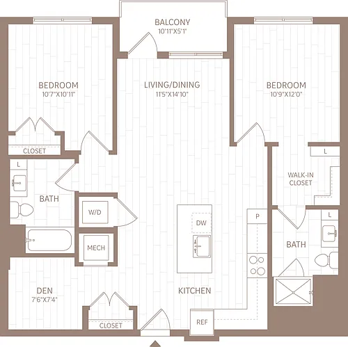 Floor plan 2 Bed/2 Bath Den-BD2
